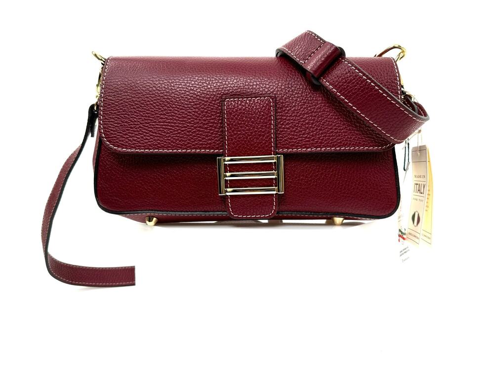 Divina Firenze Made in Italy Cranberry Leather Baguette Flap Crossbody Bag